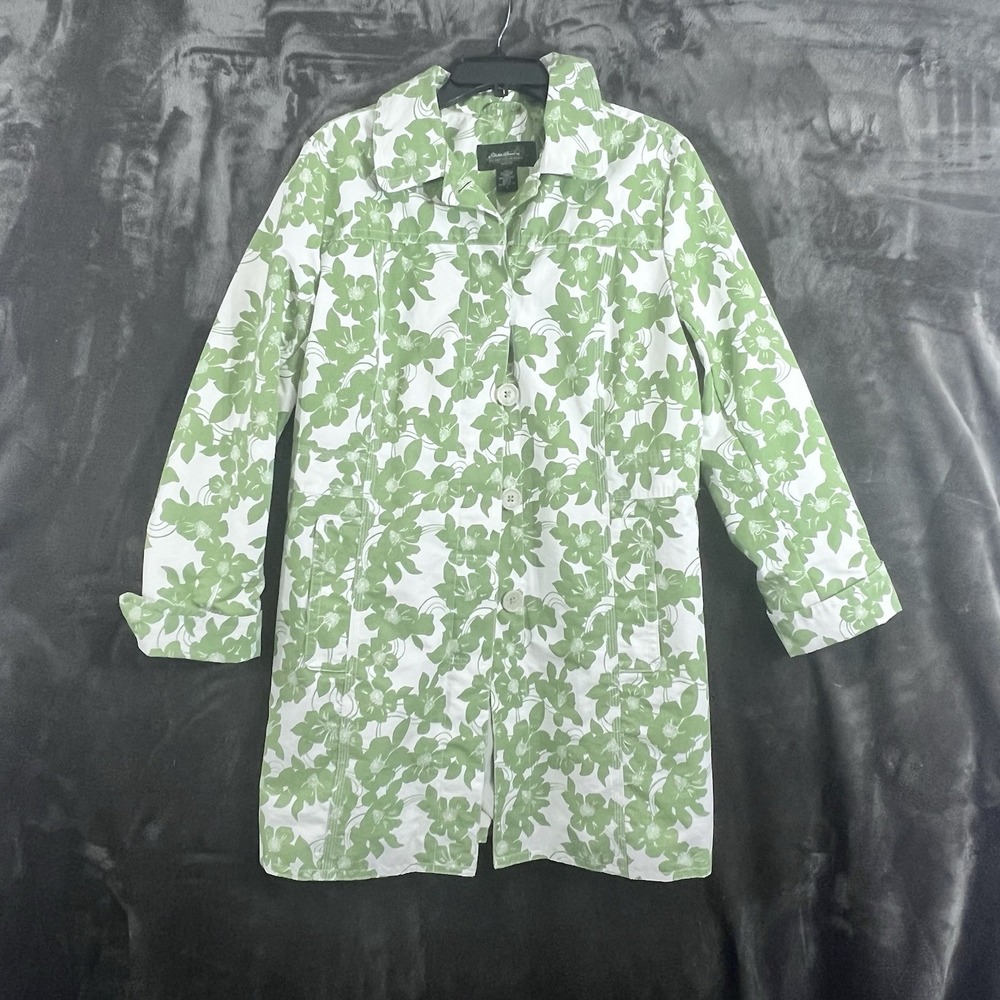 Eddie Bauer Trench Coat Size Large Lined Hidden Button Floral Raincoat Pockets